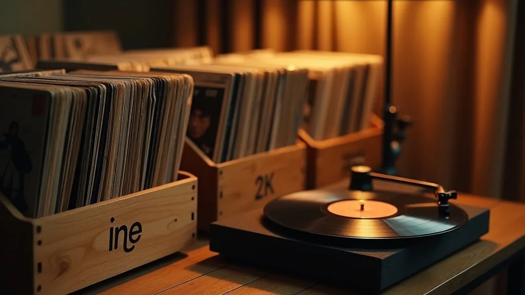 bacs de disques en bois et platine, lumière chaude sur les pochettes a Limoges
