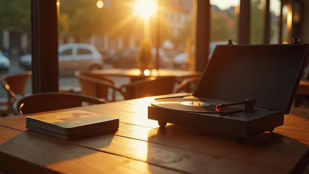 tourne-disque et smartphone sur une table de cafe ensoleillee a Limoges