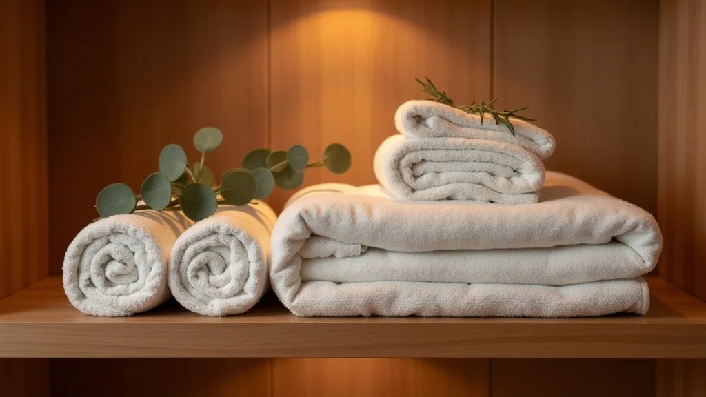 serviettes de spa empilées, eucalyptus et deux peignoirs sur une étagère a Limoges