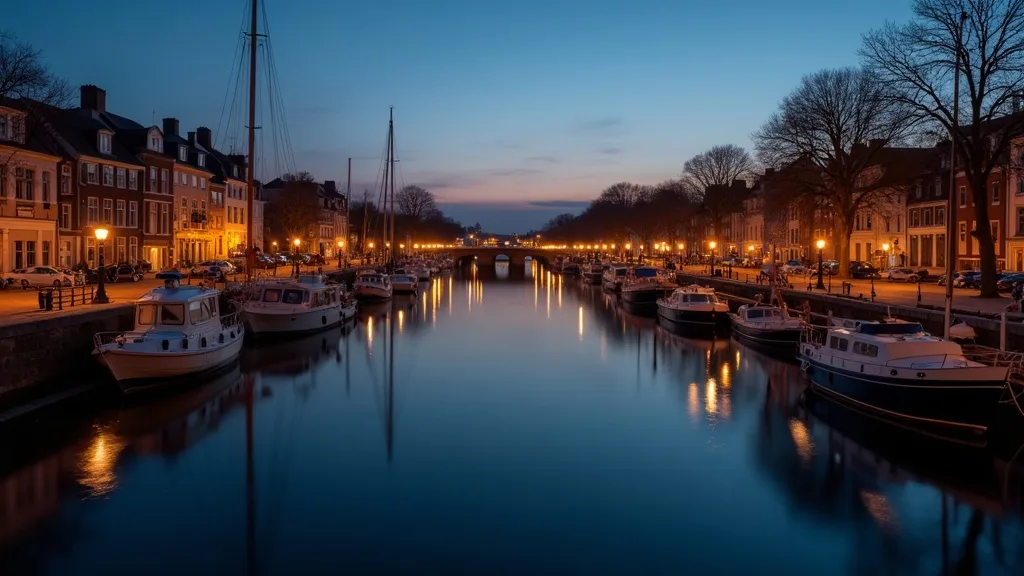 port au crépuscule, bateaux amarrés et lanternes reflétées a Limoges