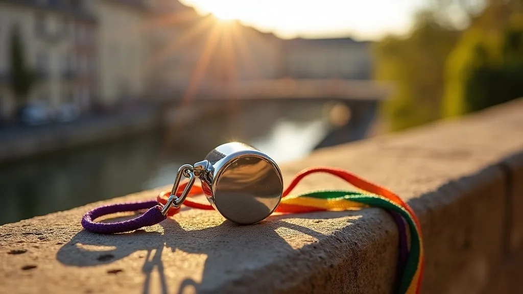 sifflet chrome sur cordon arc-en-ciel pose sur un parapet de pierre au soleil a Limoges
