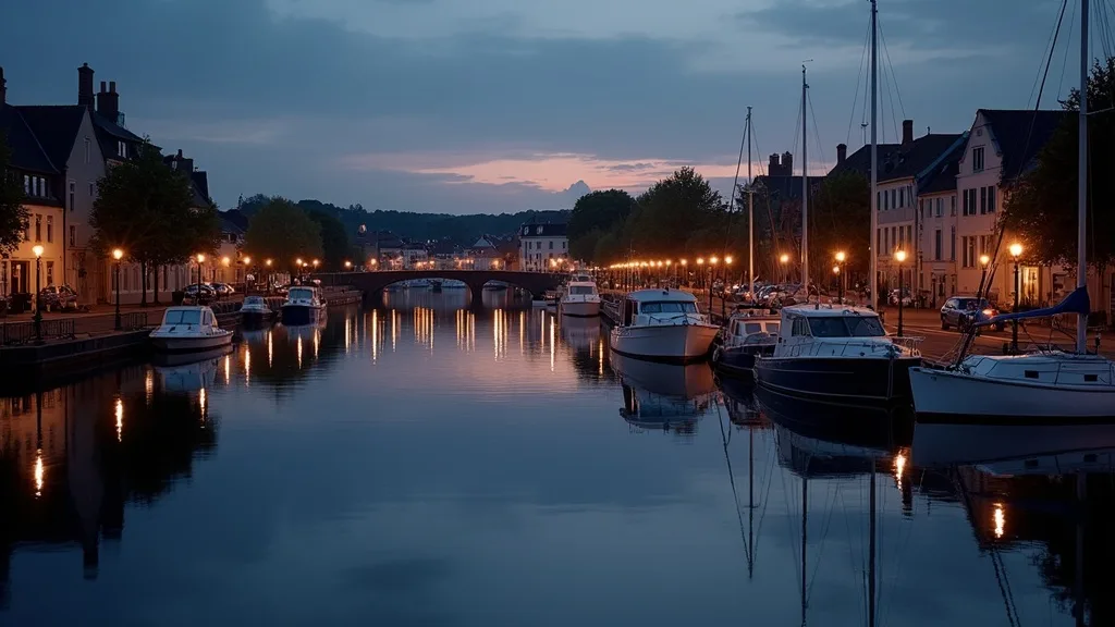 port au crépuscule, bateaux amarrés et lanternes reflétées a Limoges