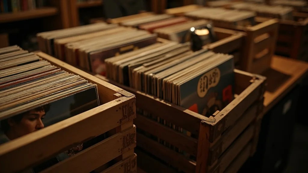 bacs de disques en bois et platine, lumière chaude sur les pochettes a Limoges