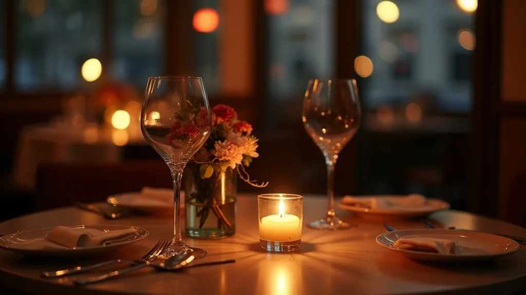 dîner aux chandelles pour deux sur une table de restaurant avec petit vase de fleurs a Limoges